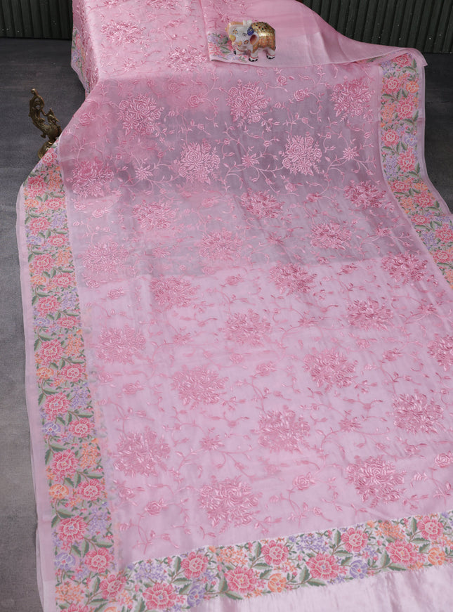 Peach Pink Organza Silk Saree With Allover Parsi Work & Kutch Embroided Border