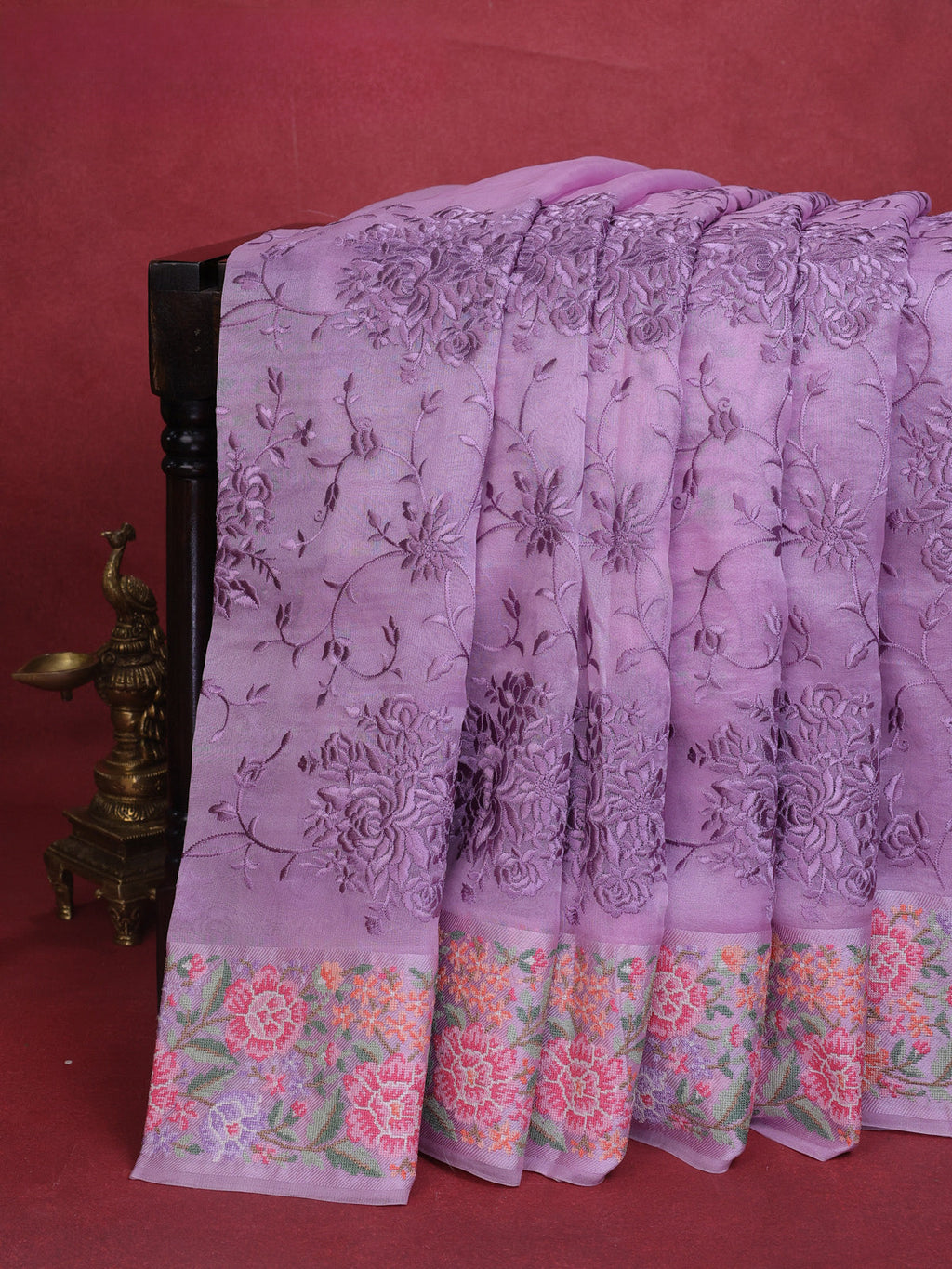 Lavender Organza Silk Saree With Allover Parsi Work & Kutch Embroided Border