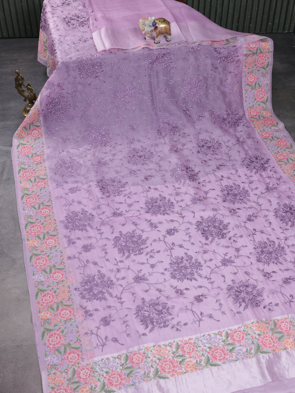 Lavender Organza Silk Saree With Allover Parsi Work & Kutch Embroided Border