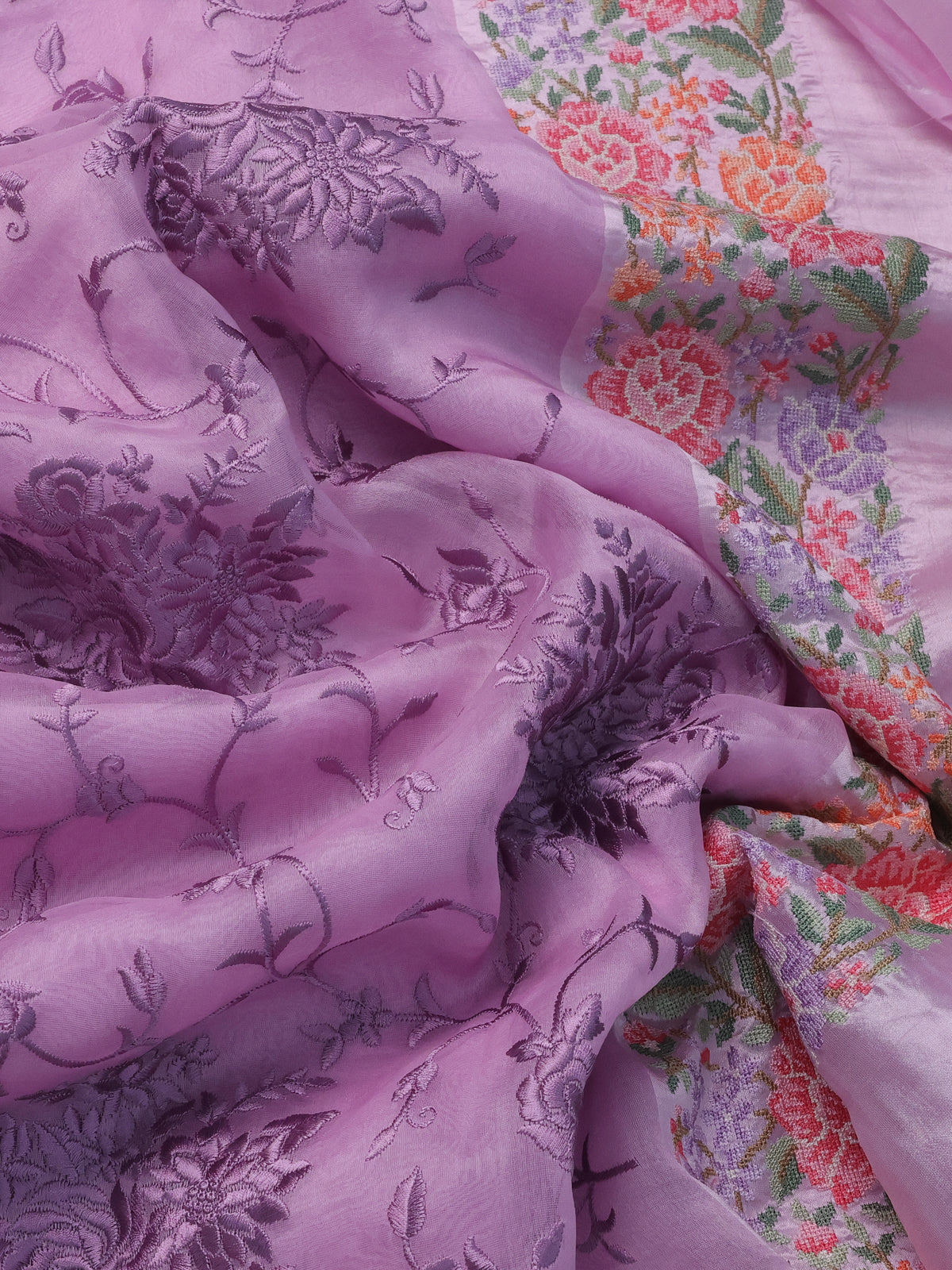 Lavender Organza Silk Saree With Allover Parsi Work & Kutch Embroided Border
