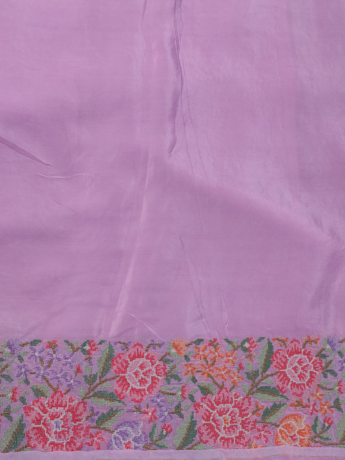 Lavender Organza Silk Saree With Allover Parsi Work & Kutch Embroided Border