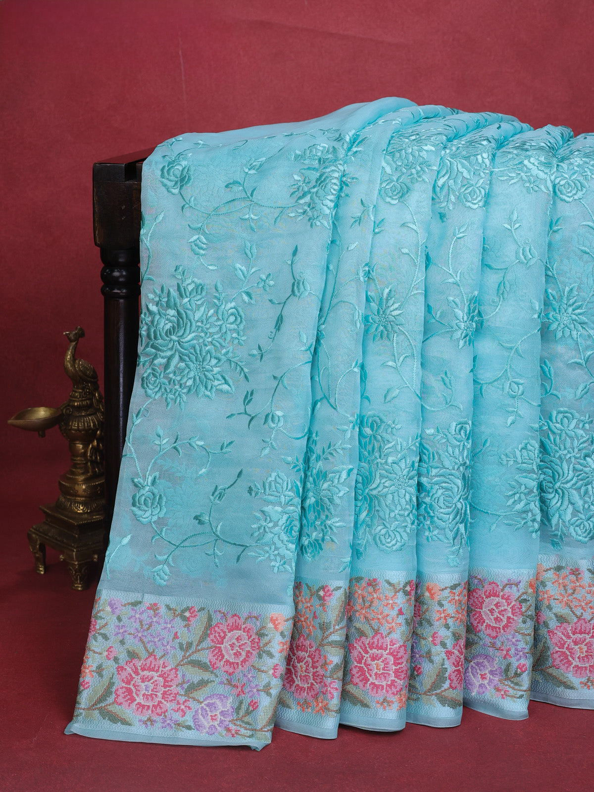 Light Blue Organza Silk Saree With Allover Parsi Work & Kutch Embroided Border