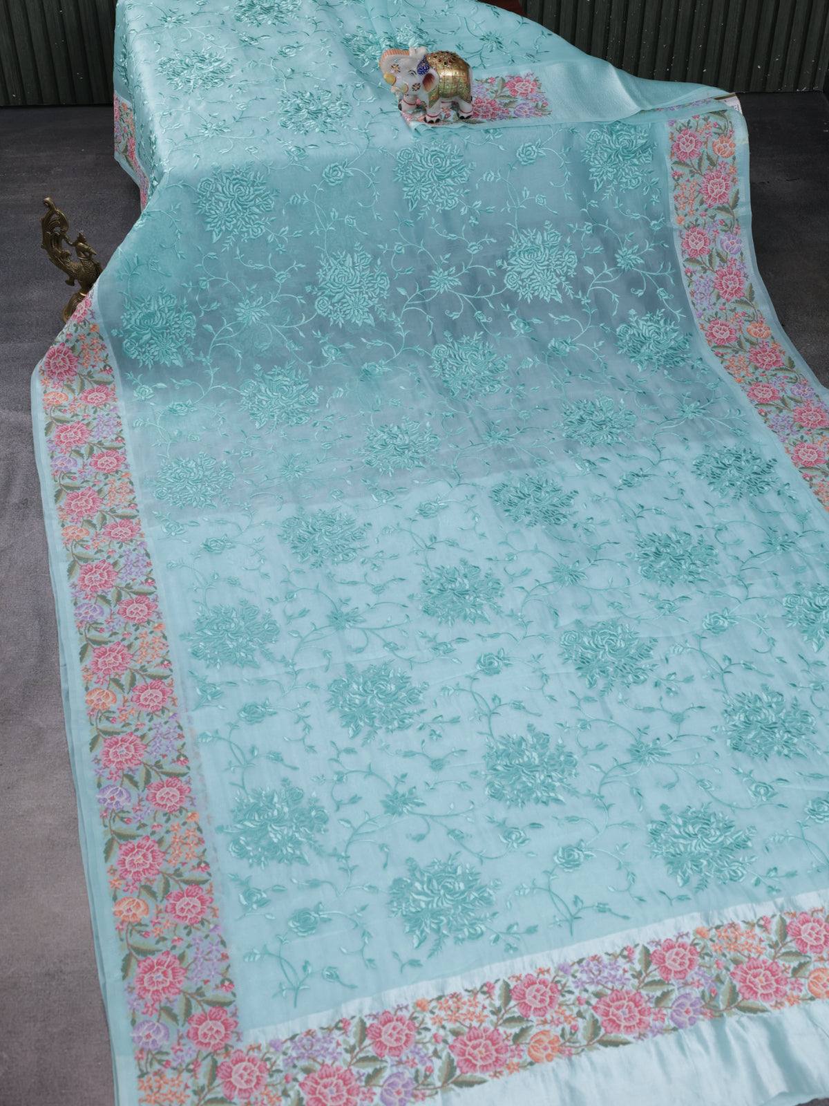 Light Blue Organza Silk Saree With Allover Parsi Work & Kutch Embroided Border