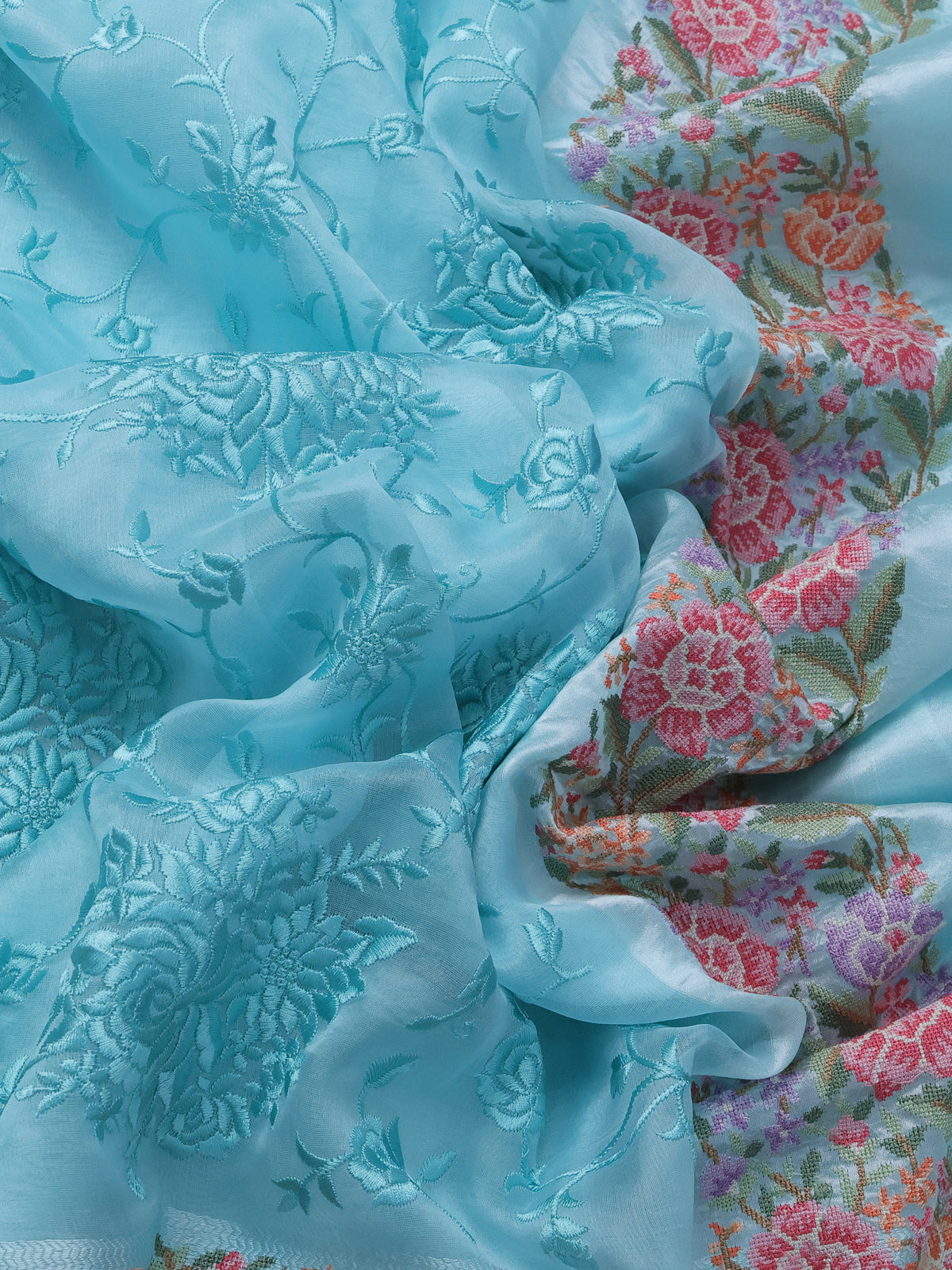 Light Blue Organza Silk Saree With Allover Parsi Work & Kutch Embroided Border