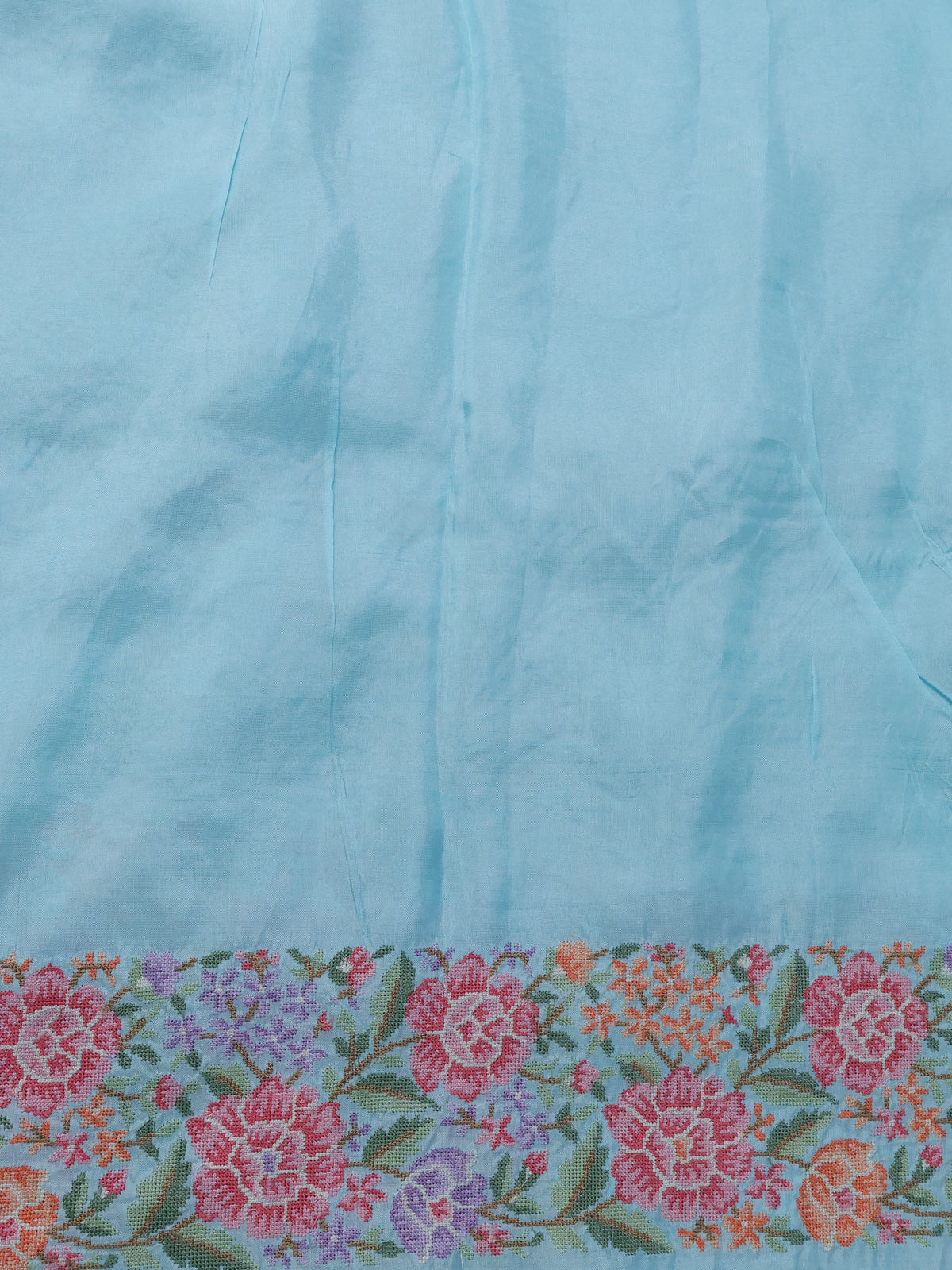 Light Blue Organza Silk Saree With Allover Parsi Work & Kutch Embroided Border