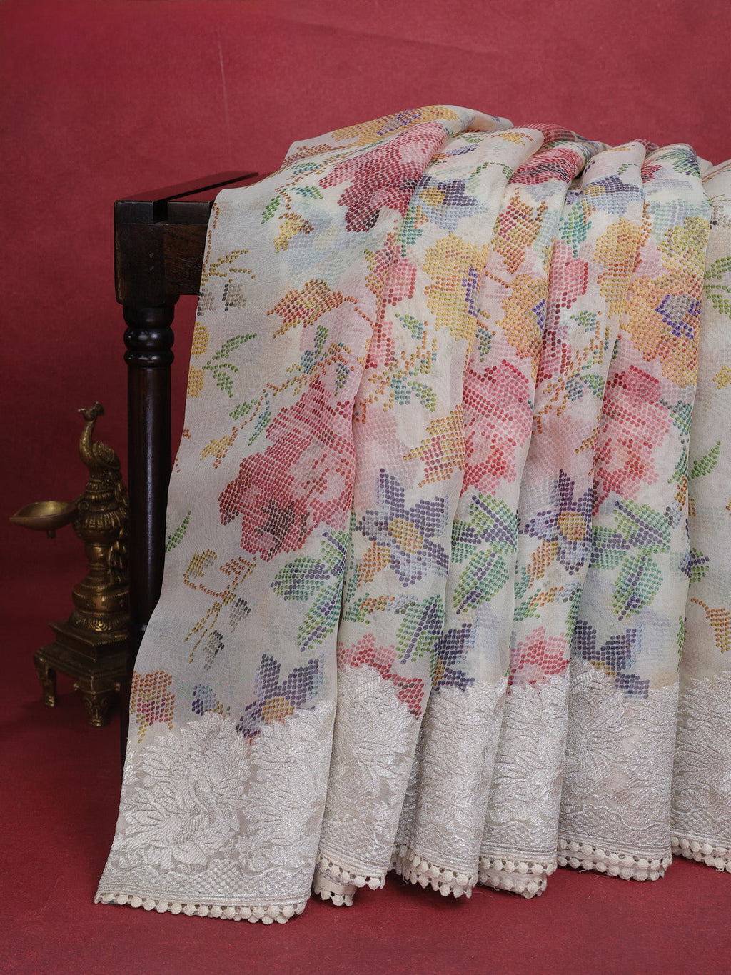 Beige Organza Silk Saree With Allover Prints & Rich Zari Border