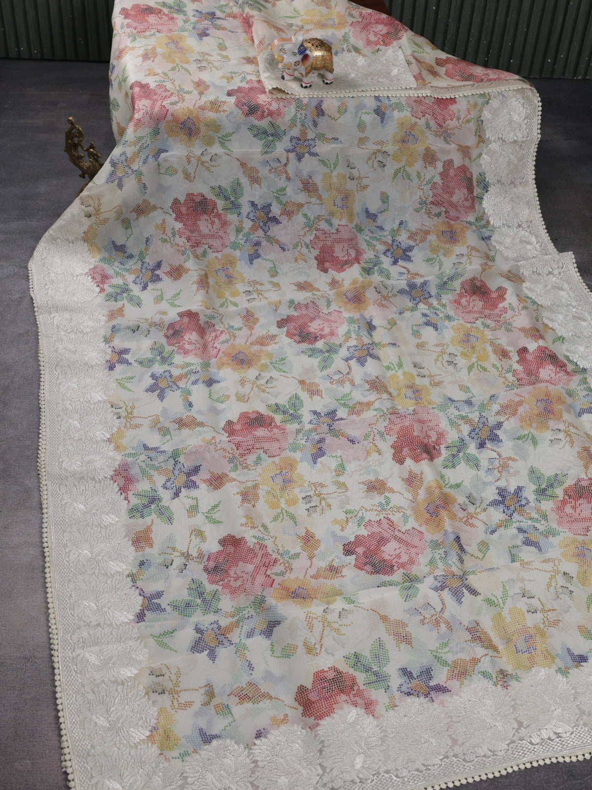 Beige Organza Silk Saree With Allover Prints & Rich Zari Border