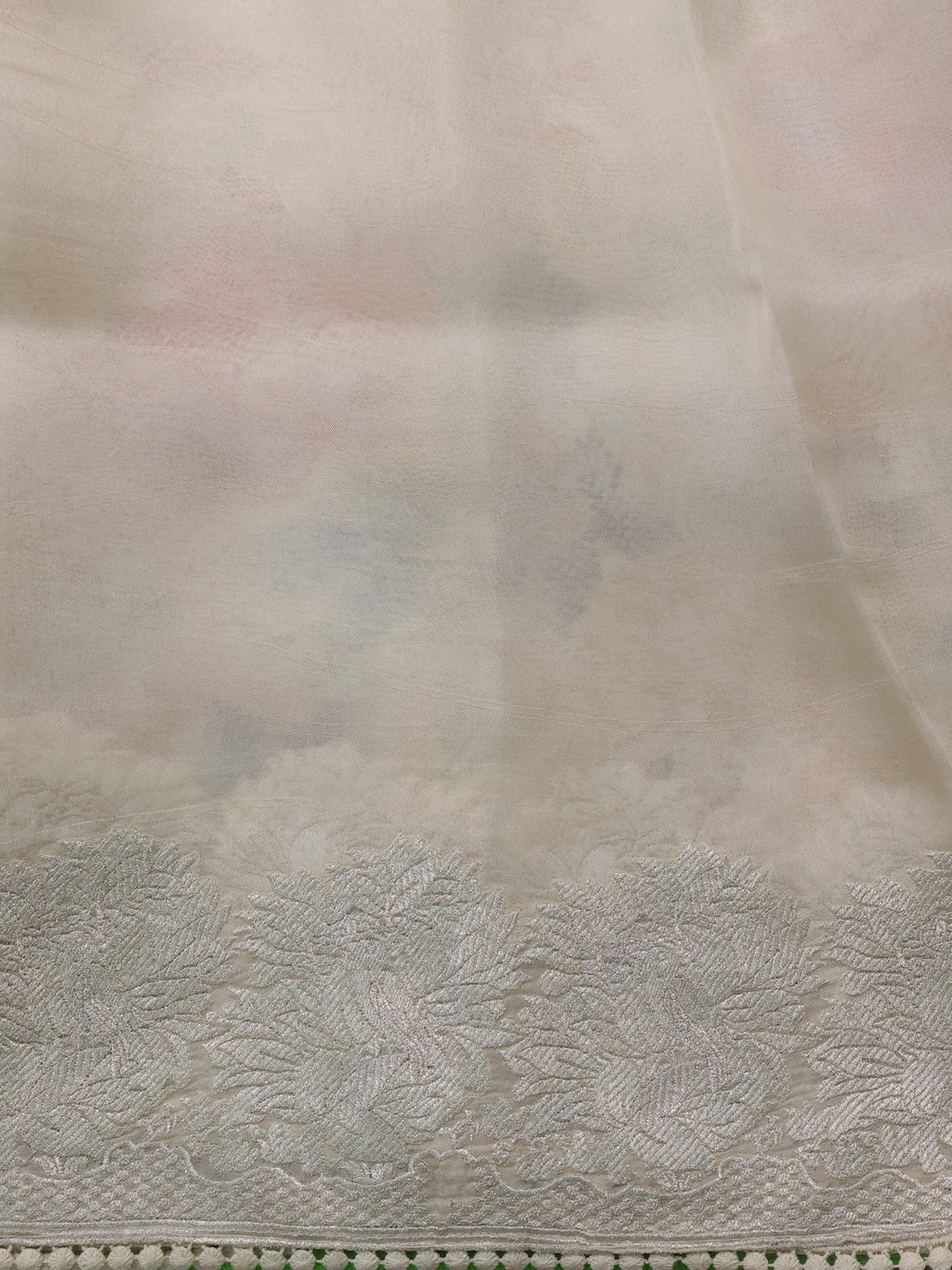 Beige Organza Silk Saree With Allover Prints & Rich Zari Border