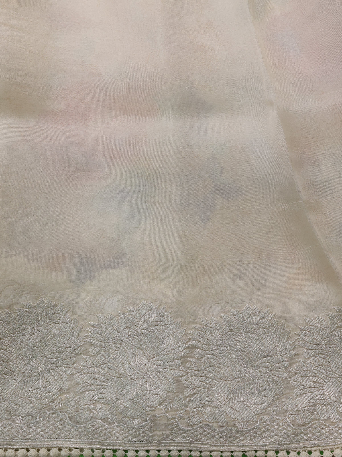 Beige Organza Silk Saree With Allover Prints & Rich Zari Border