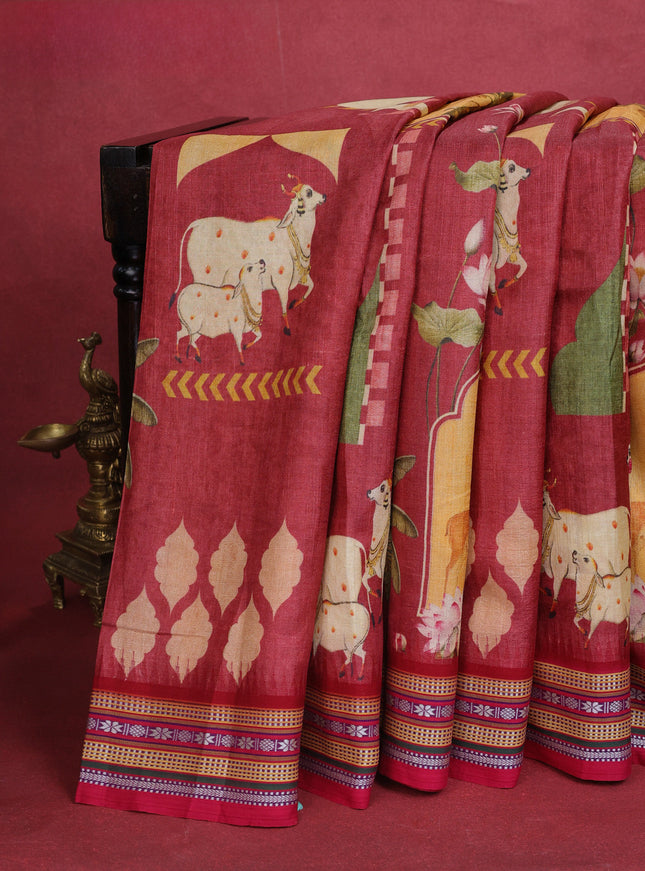 Maroon Tussar Silk Saree With Digital Prints & Vidarbha Border
