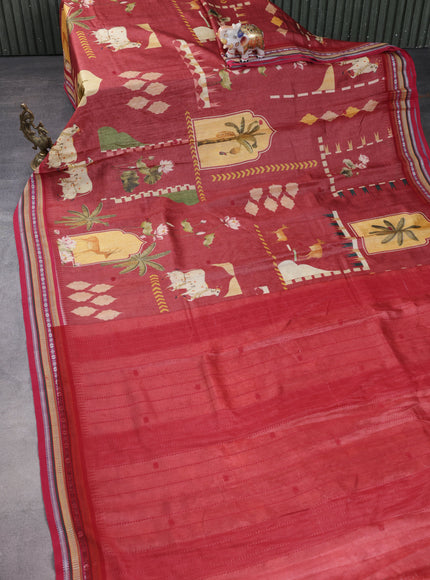 Maroon Tussar Silk Saree With Digital Prints & Vidarbha Border