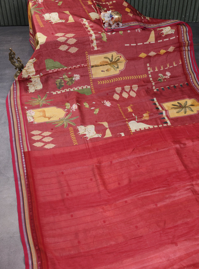 Maroon Tussar Silk Saree With Digital Prints & Vidarbha Border
