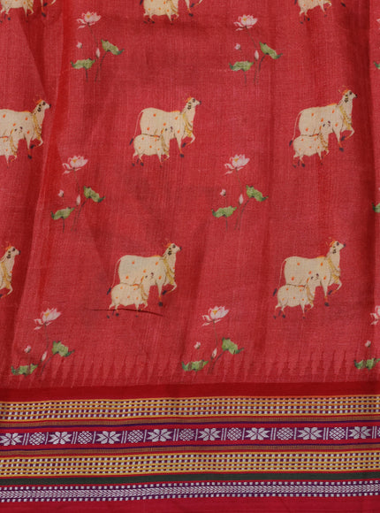 Maroon Tussar Silk Saree With Digital Prints & Vidarbha Border