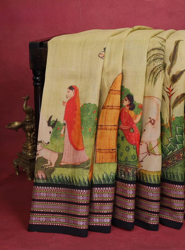 Light Green Tussar Silk Saree With Digital Prints & Vidarbha Border