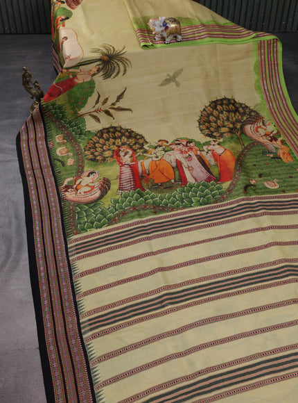 Light Green Tussar Silk Saree With Digital Prints & Vidarbha Border