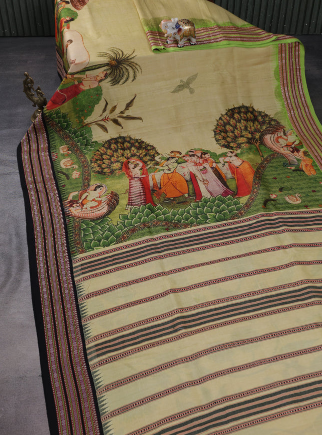 Light Green Tussar Silk Saree With Digital Prints & Vidarbha Border
