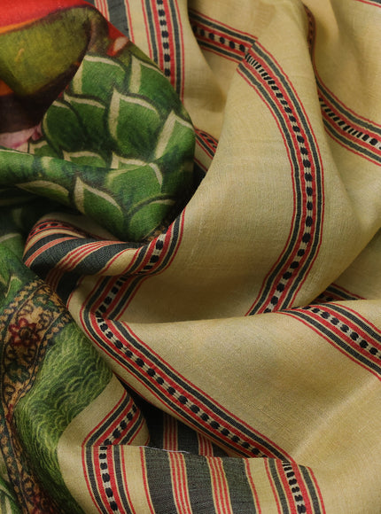 Light Green Tussar Silk Saree With Digital Prints & Vidarbha Border