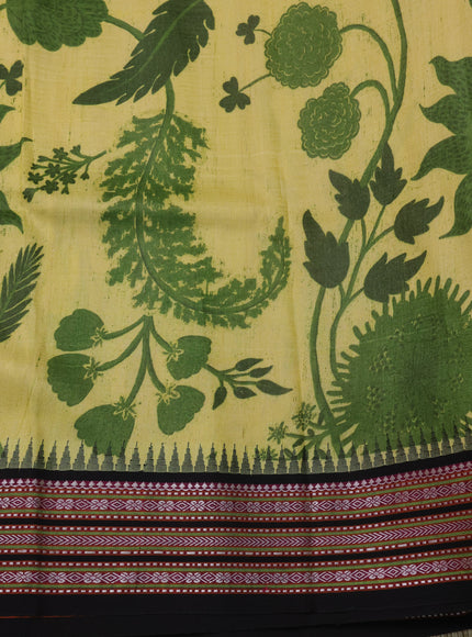Light Green Tussar Silk Saree With Digital Prints & Vidarbha Border