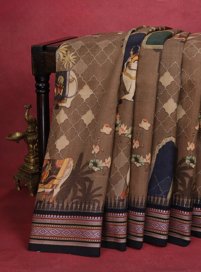 Brown Tussar Silk Saree With Digital Prints & Ganga Jamuna Vidarbha Border