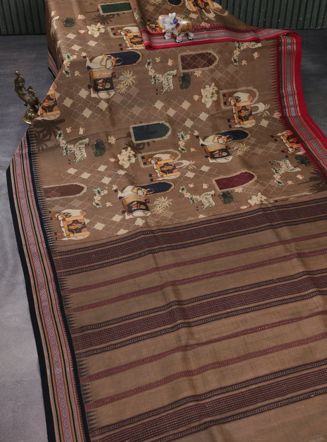 Brown Tussar Silk Saree With Digital Prints & Ganga Jamuna Vidarbha Border