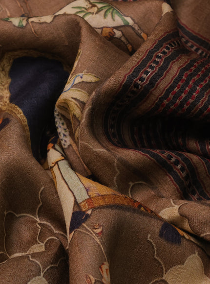 Brown Tussar Silk Saree With Digital Prints & Ganga Jamuna Vidarbha Border