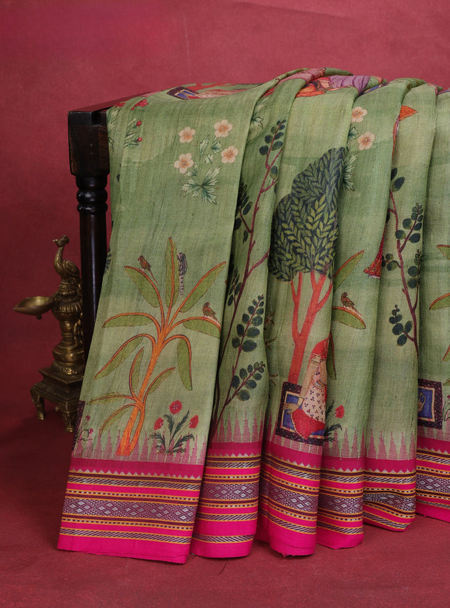 Green Tussar Silk Saree With Digital Prints & Ganga Jamuna Vidarbha Border