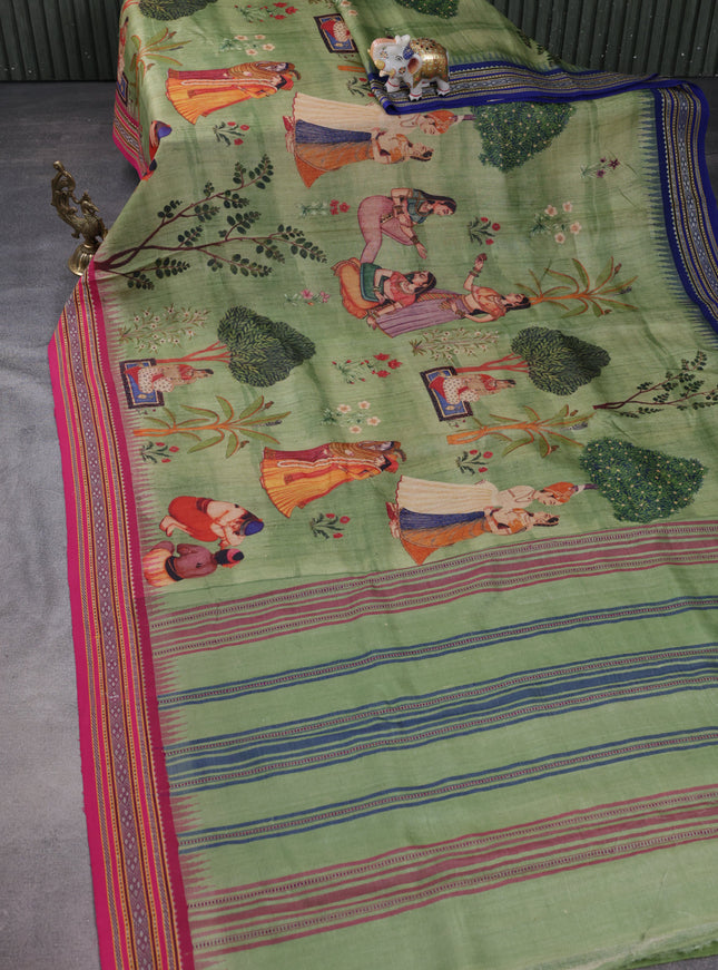 Green Tussar Silk Saree With Digital Prints & Ganga Jamuna Vidarbha Border