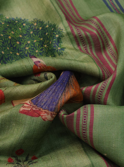 Green Tussar Silk Saree With Digital Prints & Ganga Jamuna Vidarbha Border