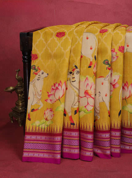 Yellow Tussar Silk Saree With Pichwai Digital Prints & Vidarbha Border
