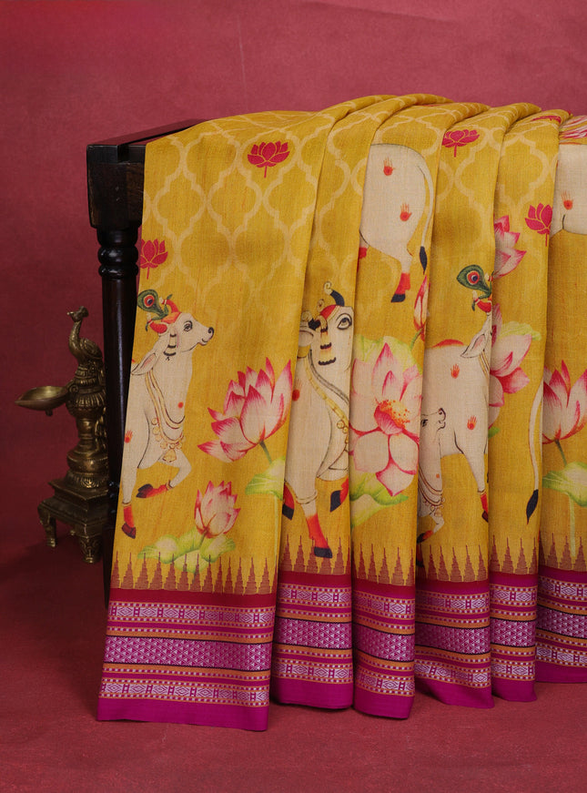 Yellow Tussar Silk Saree With Pichwai Digital Prints & Vidarbha Border