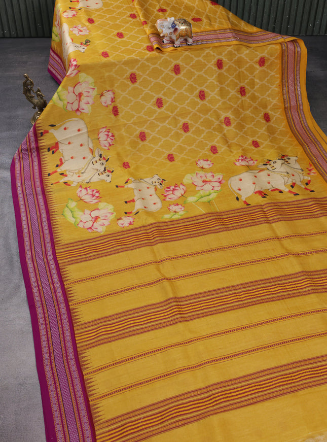 Yellow Tussar Silk Saree With Pichwai Digital Prints & Vidarbha Border