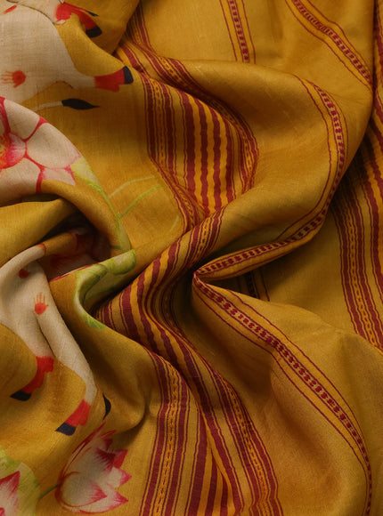 Yellow Tussar Silk Saree With Pichwai Digital Prints & Vidarbha Border