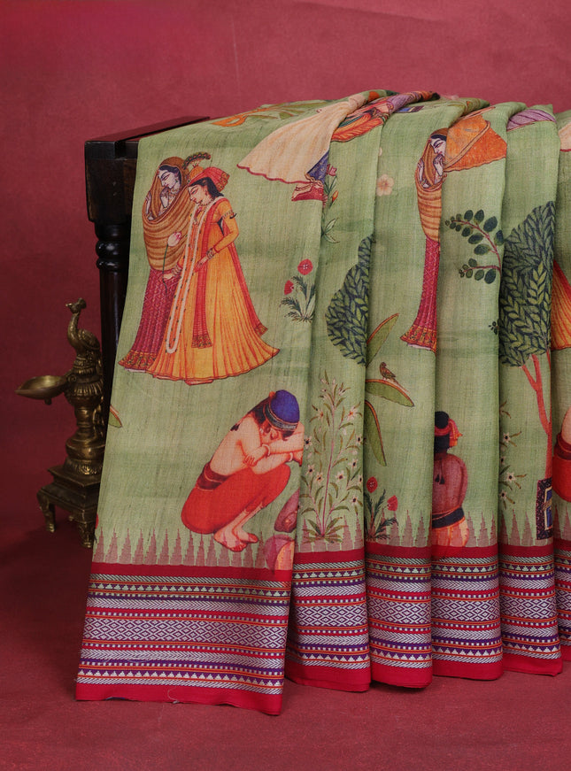 Green Tussar Silk Saree With Digital Prints & Ganga Jamuna Vidarbha Border