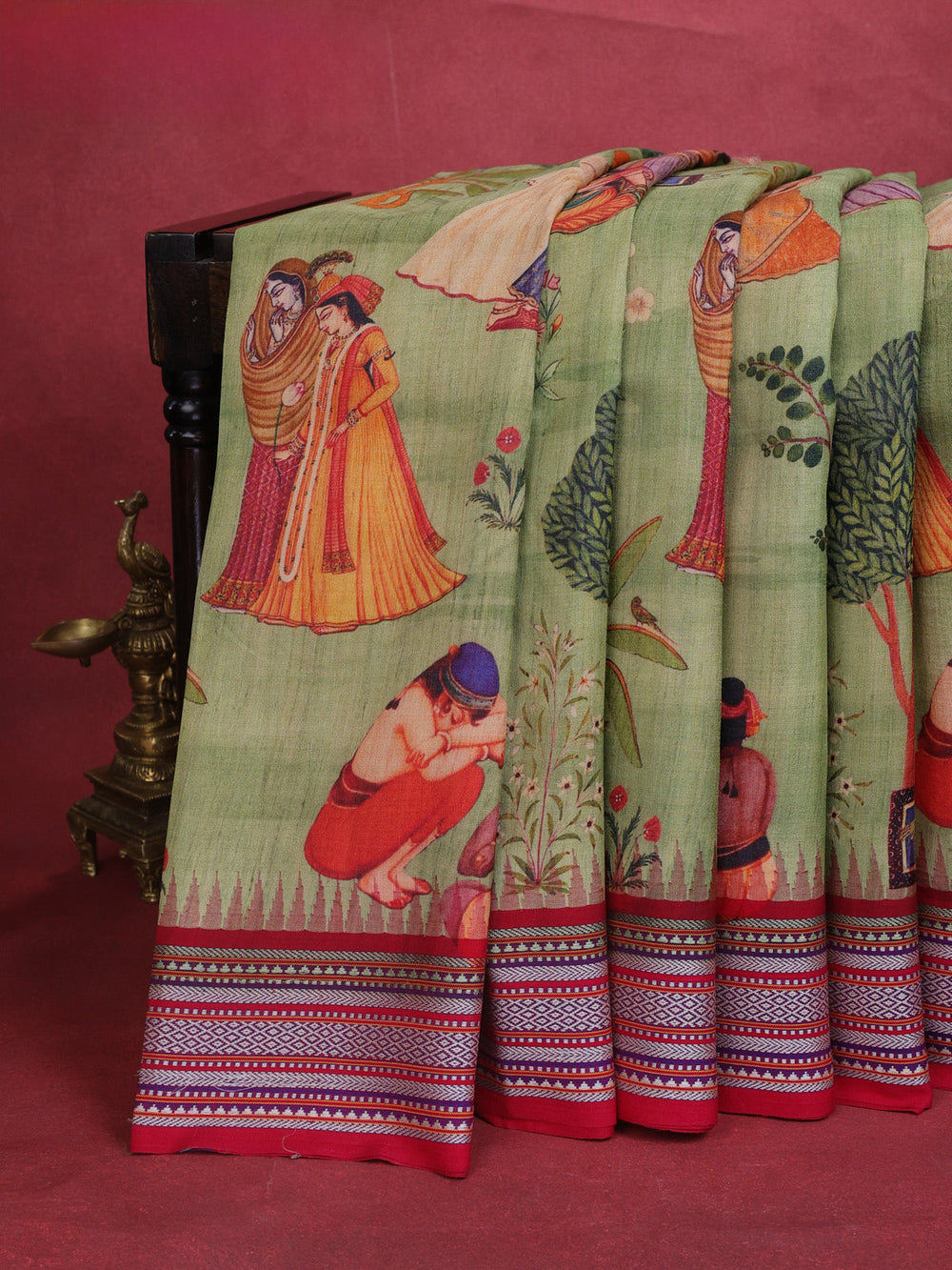 Green Tussar Silk Saree With Digital Prints & Ganga Jamuna Vidarbha Border