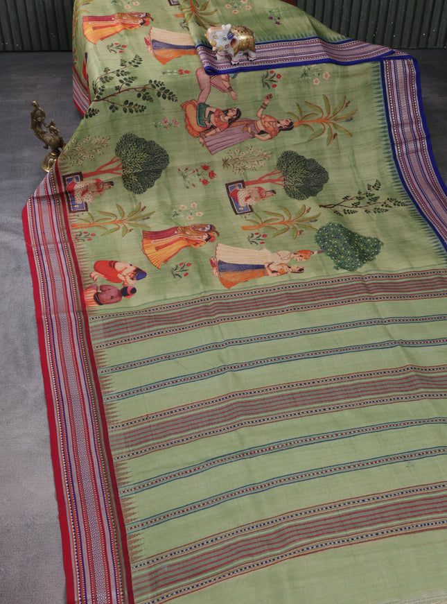 Green Tussar Silk Saree With Digital Prints & Ganga Jamuna Vidarbha Border
