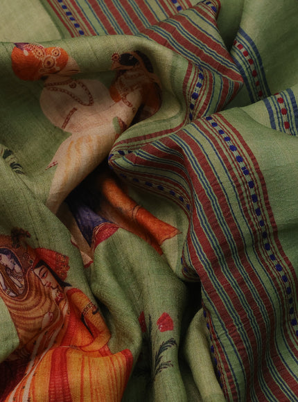 Green Tussar Silk Saree With Digital Prints & Ganga Jamuna Vidarbha Border