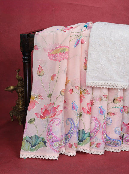 Mild Peach Chiffon Sraee With Floral Digital Prints & Kantha Stitch Work