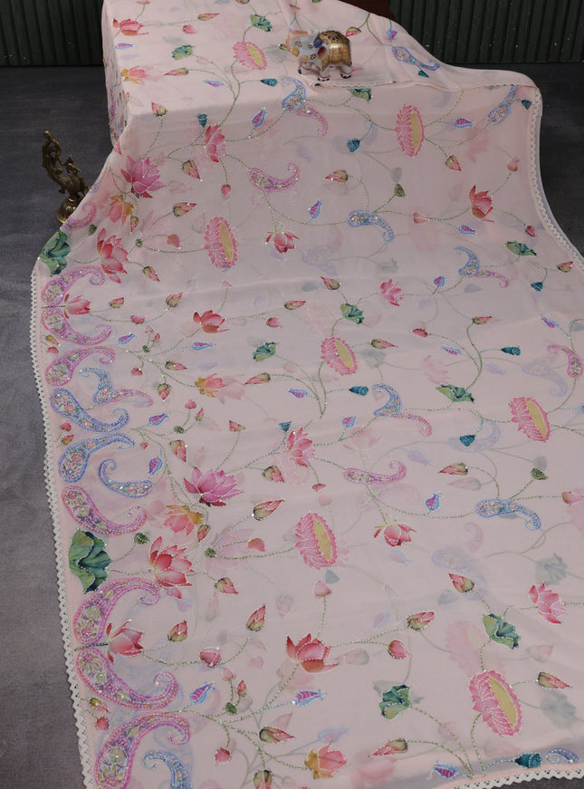 Mild Peach Chiffon Sraee With Floral Digital Prints & Kantha Stitch Work