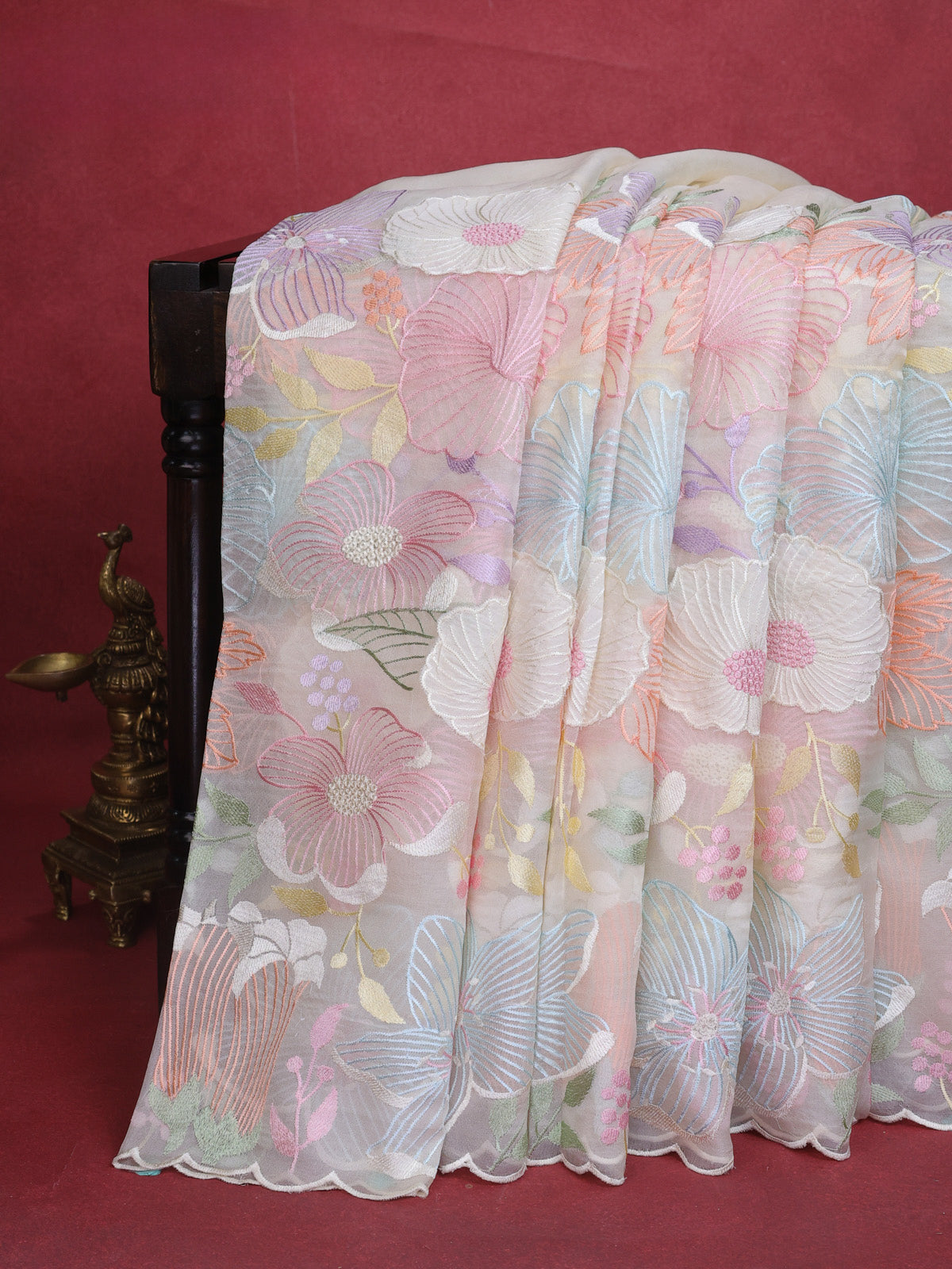 Cream Organza Silk Saree With Allover Floral Embroidery