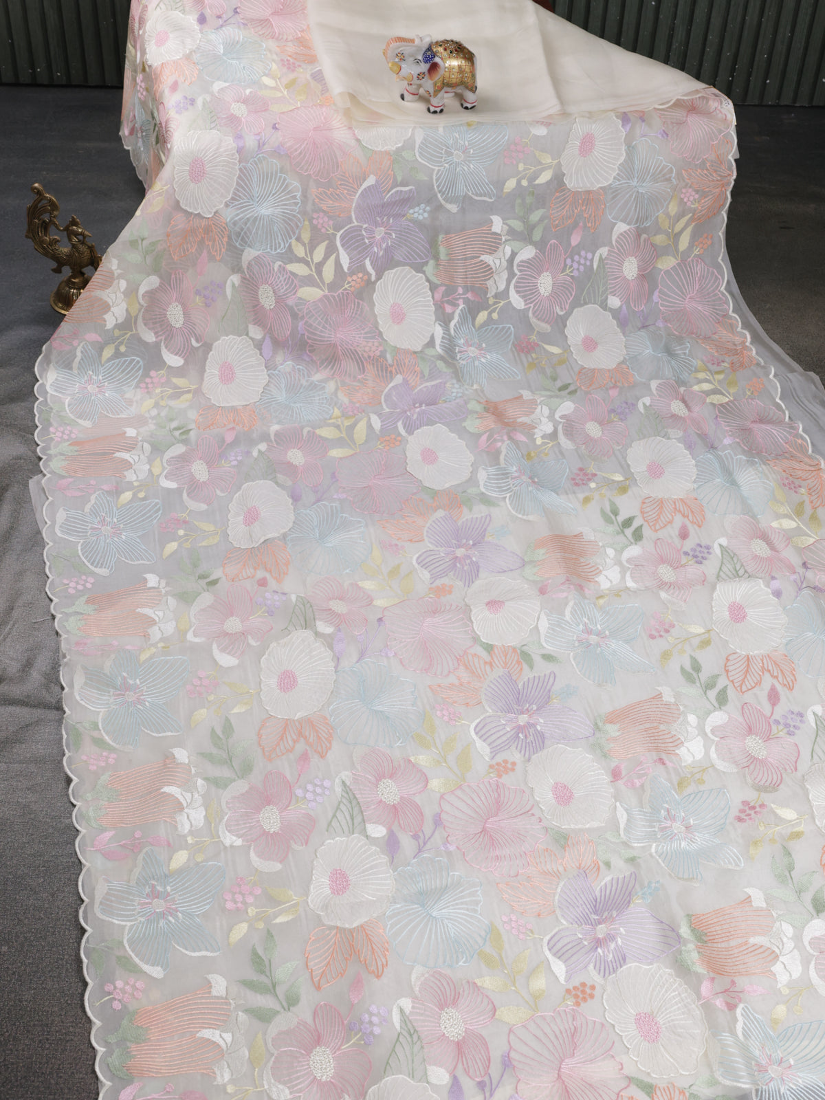 Cream Organza Silk Saree With Allover Floral Embroidery