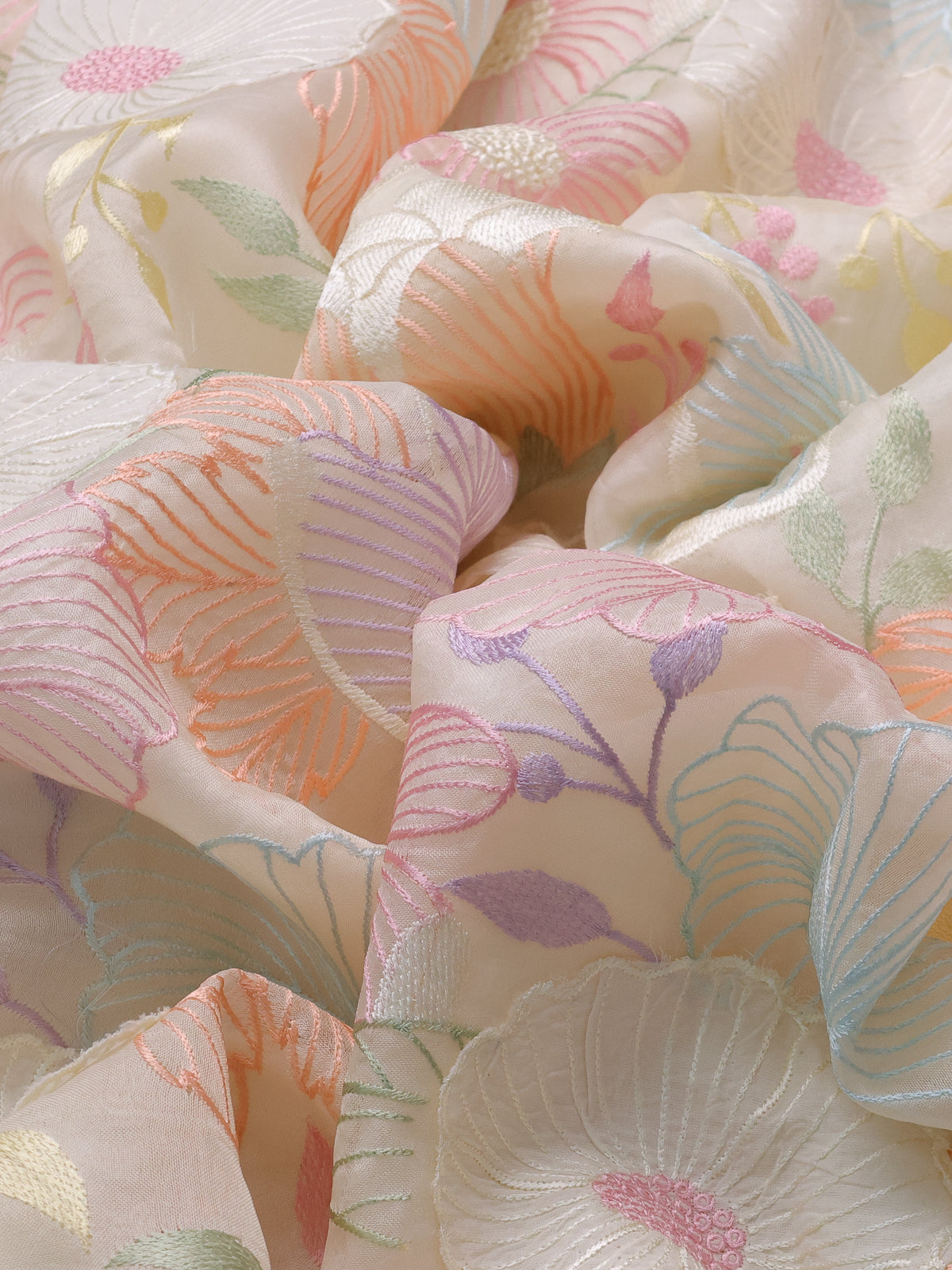 Cream Organza Silk Saree With Allover Floral Embroidery