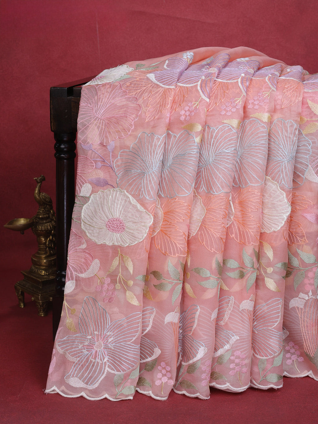 Peach Organza Silk Saree With Allover Floral Embroidery
