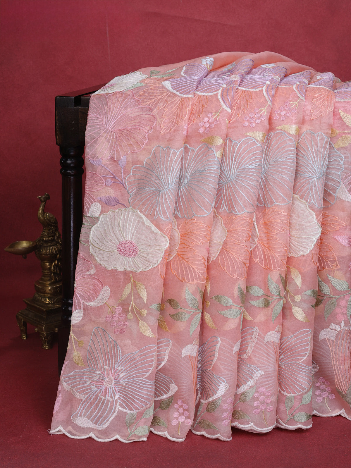 Peach Organza Silk Saree With Allover Floral Embroidery