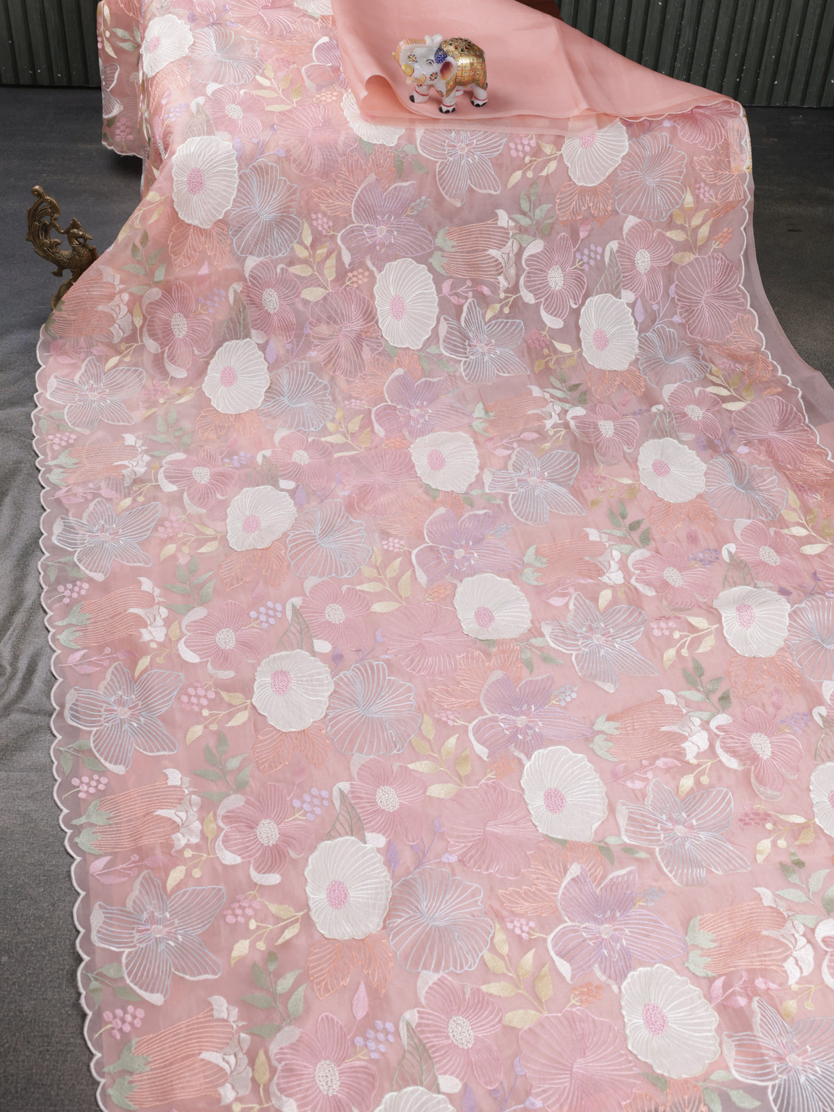 Peach Organza Silk Saree With Allover Floral Embroidery