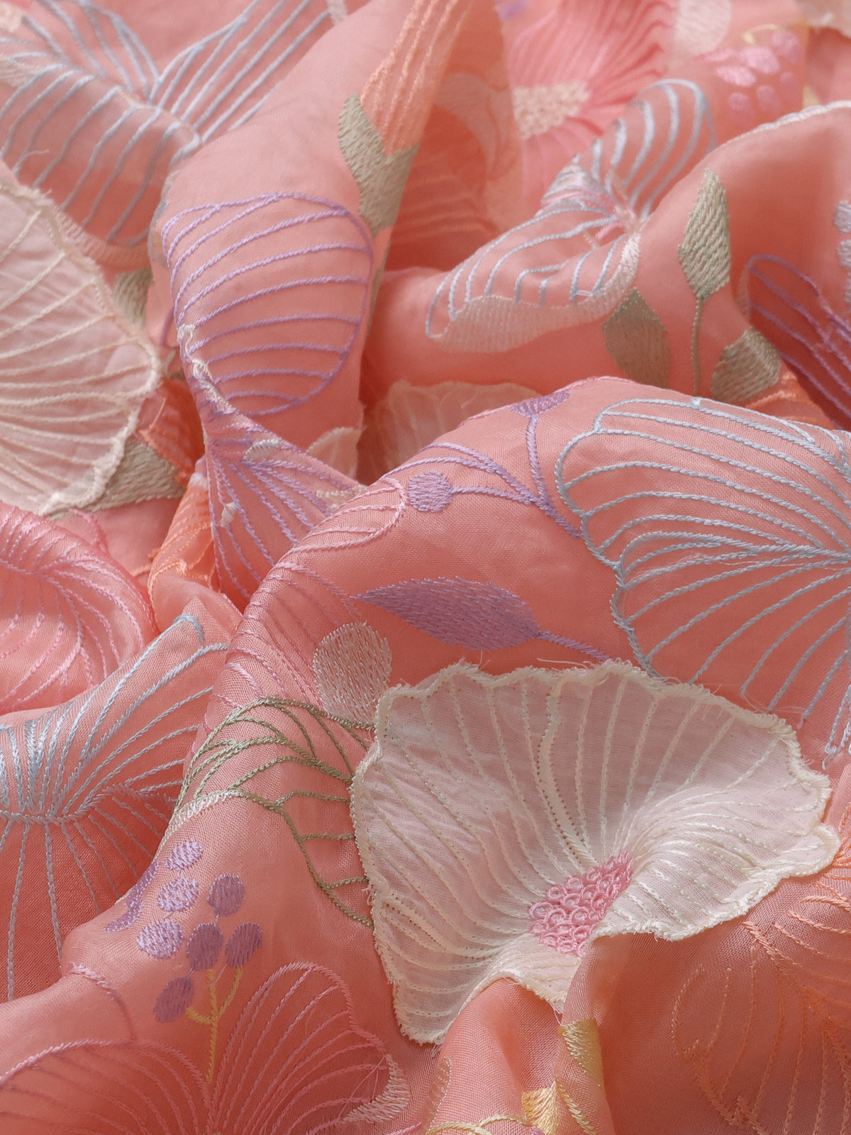 Peach Organza Silk Saree With Allover Floral Embroidery