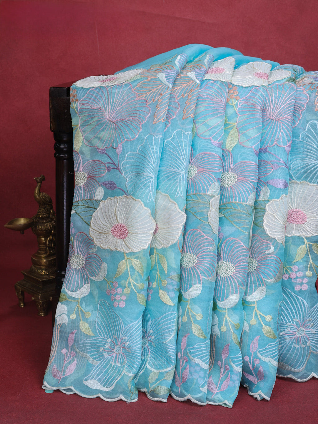 Light Blue Organza Silk Saree With Allover Floral Embroidery