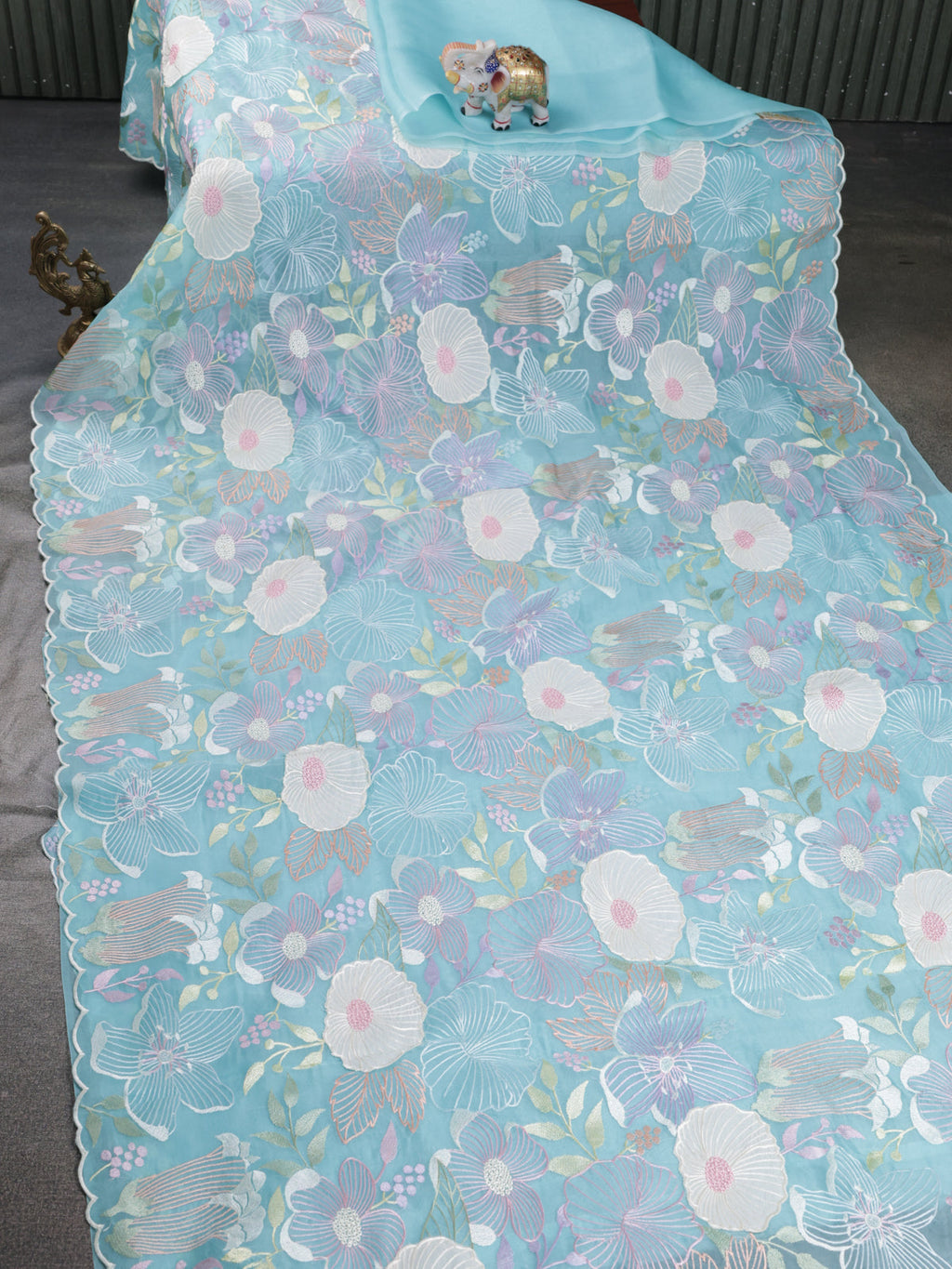 Light Blue Organza Silk Saree With Allover Floral Embroidery