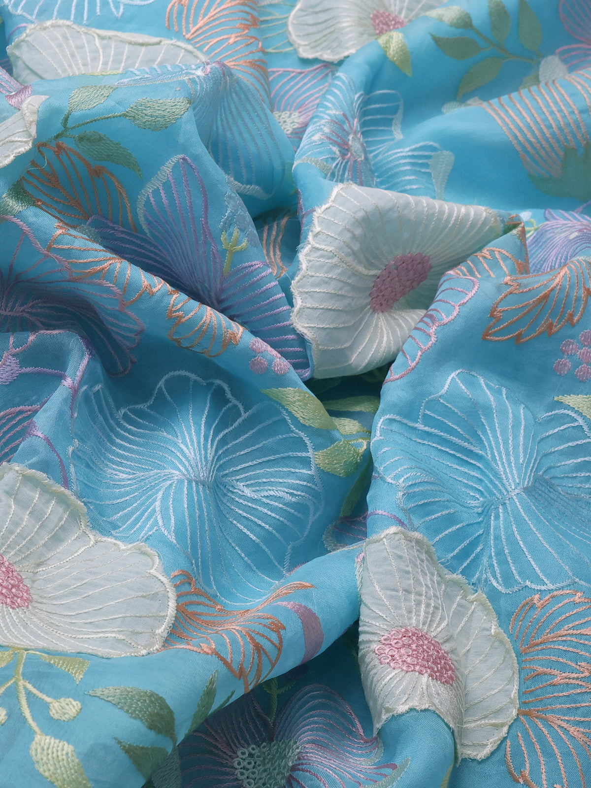 Light Blue Organza Silk Saree With Allover Floral Embroidery