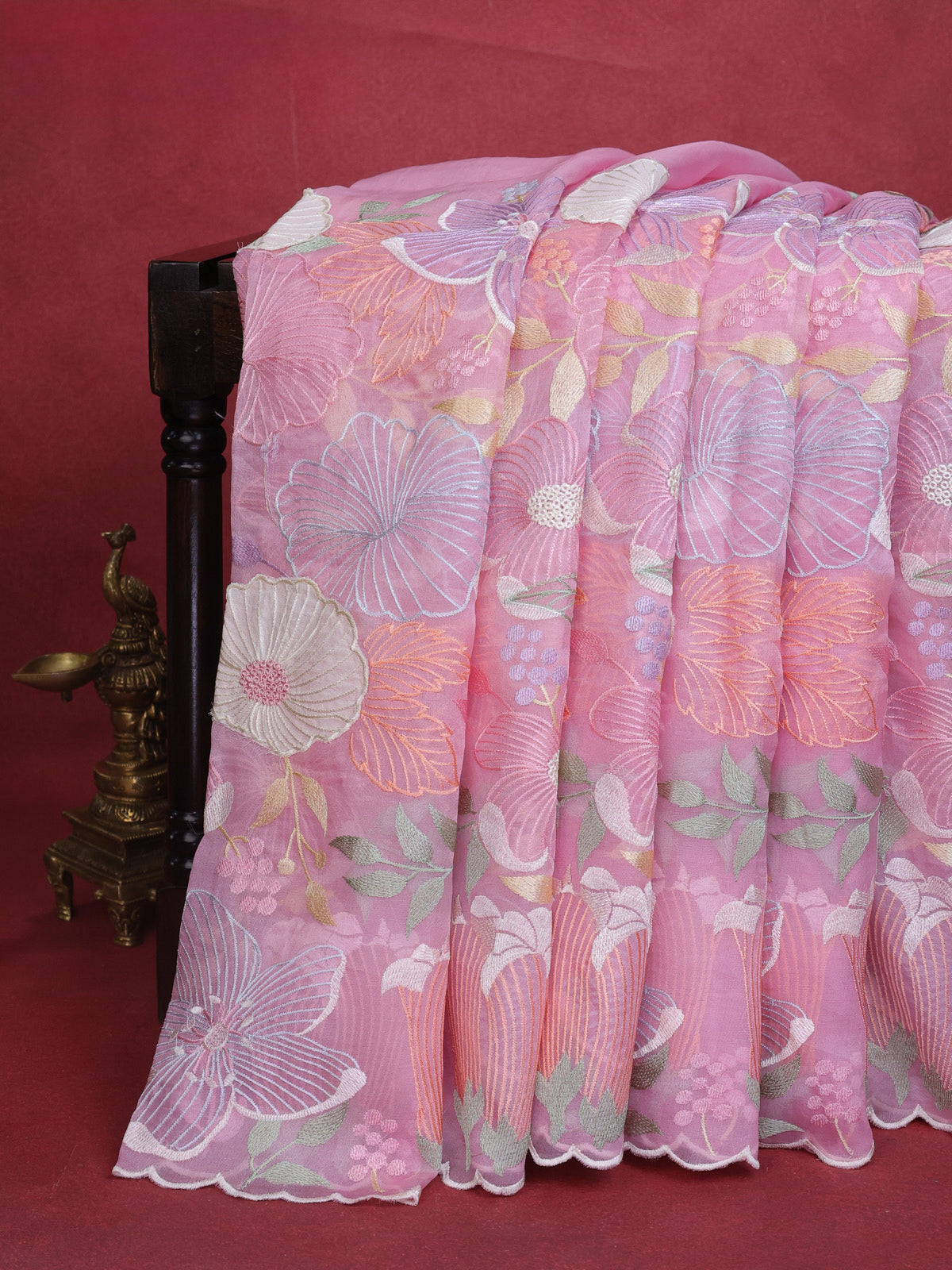 Light Pink Organza Silk Saree With Allover Floral Embroidery