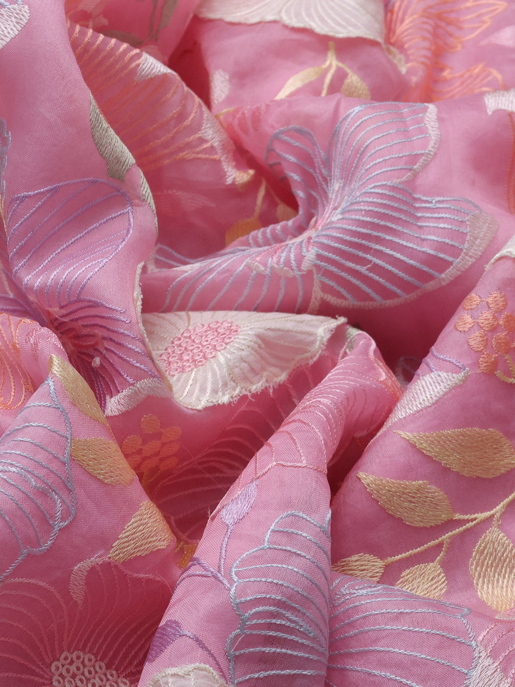 Light Pink Organza Silk Saree With Allover Floral Embroidery